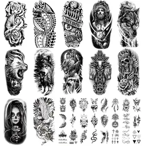 36 Sheets Large Black Temporary Tattoo Stickers with Tribal Wolf Tiger Lion Skull Designs for Men Women 12 Big & 24 Tiny Fake Tattoos for Arms Chest Shoulders