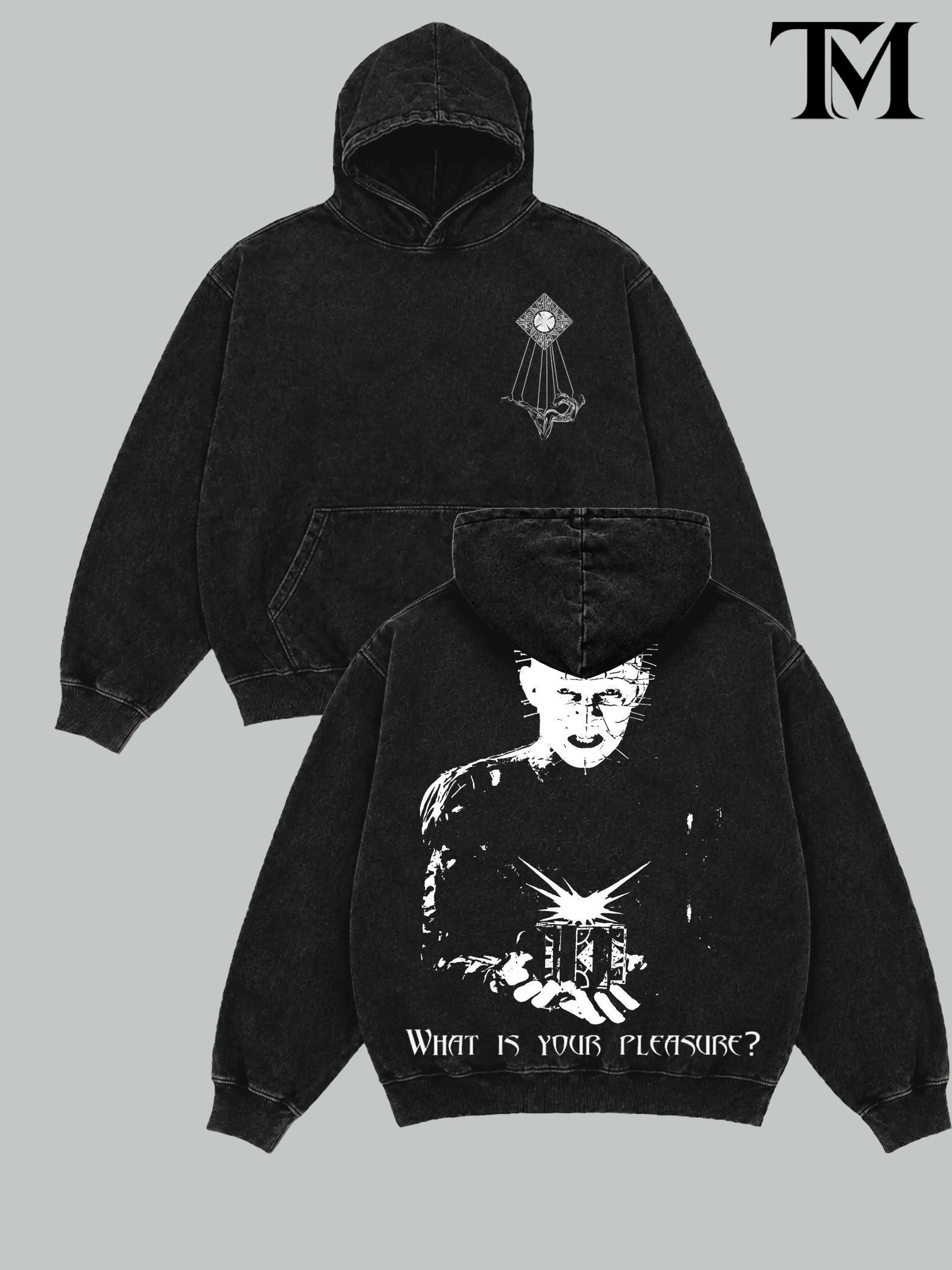 Hellraiser Pinhead “What Is Your Pleasure?” Vintage Washed Oversized Hoodie & Tshirt, Double-Sided Horror Movie Graphic Pullover, Gothic Streetwear, Unisex Horror Fan Gift