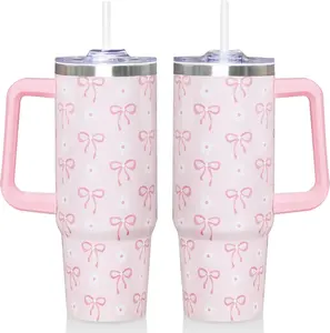 30 Oz Pink Bow Tumbler with Handle and Straw, Insulated Stainless Steel Coffee Travel Cup Mug Water Bottle, Kawaii Cute Pink Bow Themed Gifts for Women Teen Girl