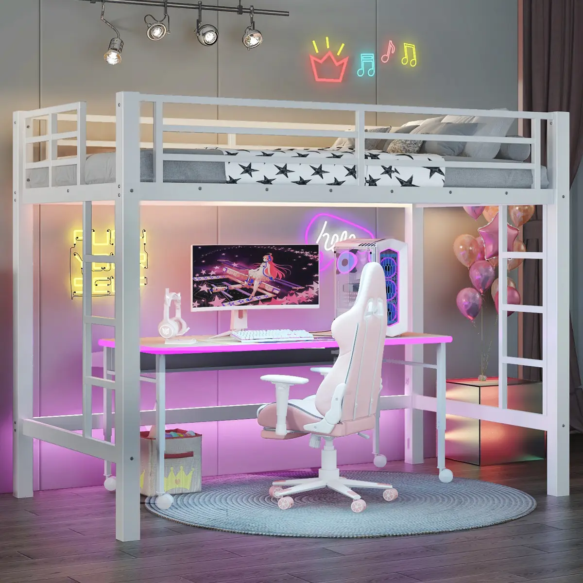 Twin Loft Bed with Ladders, Metal Loft Bed Twin with Anti-shake and Noise-reducing Stoppers, Heavy-duty Loftbed for Adults, Teens, Ample Under-bed Spaces and No Box Spring Needed, White