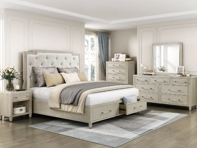 1312-4PC Genoa Light Oak Finish Wood Tufted Ivory Chenille Fabric Queen Bedroom Set with Storage Drawers in Footboard & USB Charging Ports - Wardrobe
