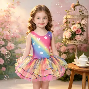 Girls Rainbow Star Sleeveless Ballet Leotard Tutu Dress | Glitter Trim Tulle Dancewear for Toddler Ballet Class & Recital