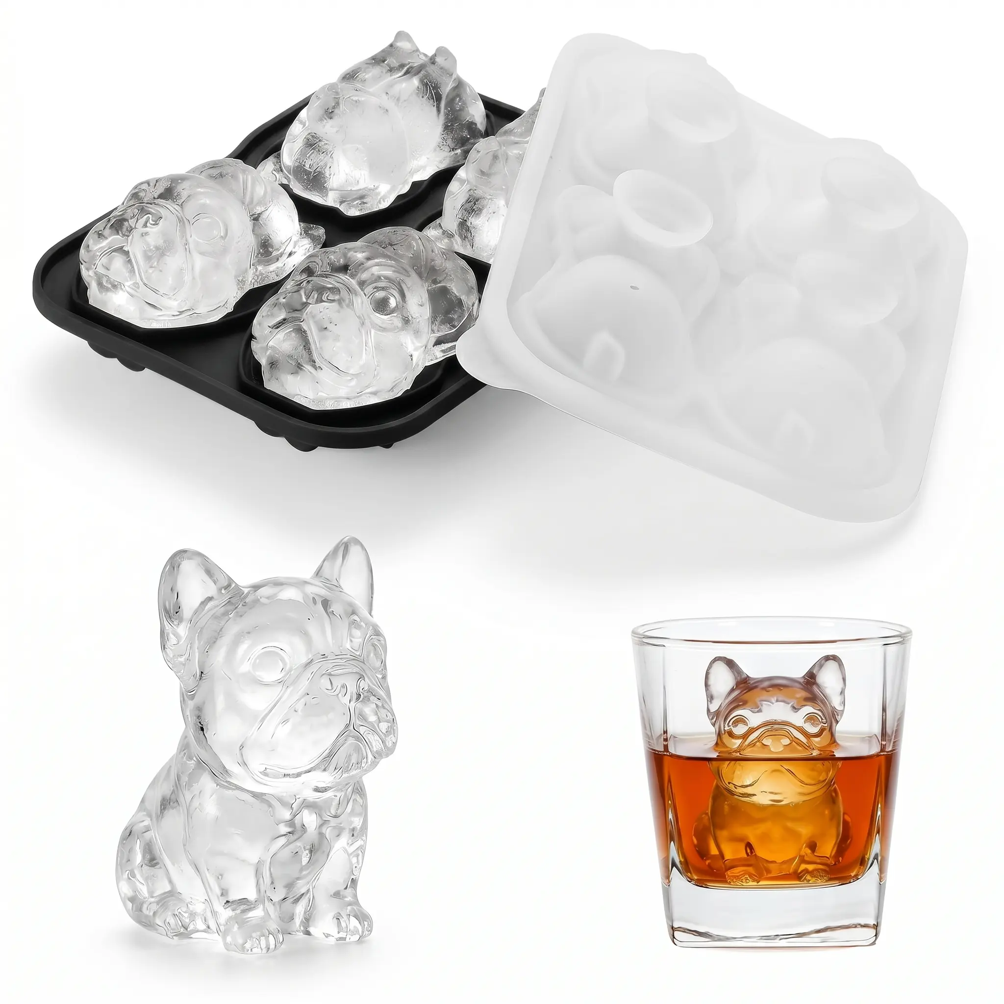 French Bulldog Gifts 3D Ice Cube Mold, Admaison Ice Cube Tray with Funnel for Cocktails, Bourbon,Brandy, Whiskey Gifts for Men, Silicone Fun Bulldog Shapes Black (French Bulldog)