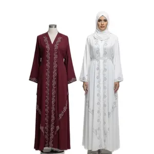 Abaya Dress - Embroidery in Elegant Maroon & White Colors with Detailed Floral Patterns for Women