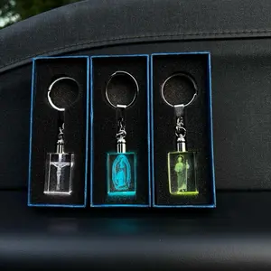 Carved Religious Keychains - Set of Three Unique Designs in Blue, Green, and Yellow Lights
