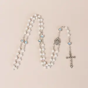 6mm Pearl Rosary Beads for Women - Catholic Holy Baptism Necklace with Miraculous Medal ，First Communion & Confirmation Gift
