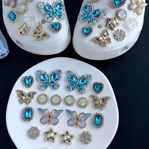 20pcs Butterfly Gem Rose Shoe Charms, Fits Hole Shoes Sandals Garden Shoes Beach Shoes, DIY Detachable Decor Accessories, Shoe Adornments, Shoe Decoration Charms, Shoe Embellishments, Shoe Charm Set