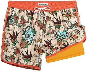 Maamgic Mens Short 80s 90s Vintage 5.5" Swim Trunks Swimsuits Board Shorts Compression Liner Quick Dry 2 in 1 Beach Swimwear with Tattoo Design