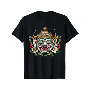 Men's 100% Cotton T-Shirt with Traditional Khmer Hanuman Design - Vibrant Floral and Mythical Graphic, Round Neck Short Sleeve, Ideal Gift for Dad, Husband, Grandpa Black Breathable