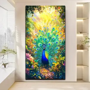 Large Diamond Painting Kit Peacock Design, Blue Gold Colors, Home Office Decor Gift Idea