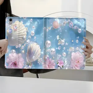 Luxury Ocean Seashells & Pearls Tablet Case with Auto Wake/Sleep, Shockproof Full-Body Protection Book-Style Stand Cover with Pencil Slot, Fits 7.9/8.3/10.2/10.5/10.9/11/12.9/13 Inch Tablets, Durable Case for Home Office School
