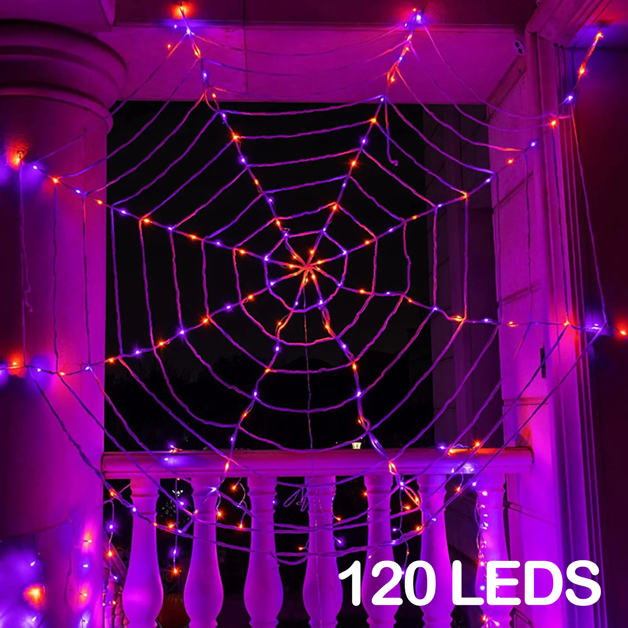12ft/3.6m 120leds Halloween Spider Web Light, 8 Modes Adjustable Battery Box, Outdoor Waterproof LED, Party and Haunted House Decor