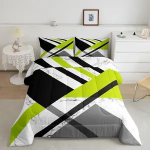 Lime Green and Grey Comforter Set,Green Black White Geometric Bedding Set,Triangle Stripe Comforter,Kids Adults Abstract Marble Set,Quilt