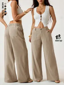 Women's Classic Linen Palazzo Pants, Summer Flowy Wide-Leg Beach Trousers with Pockets, Casual Solid-Color Soft Elastic Lounge Pants for Travel, Work & Streetwear Outfit