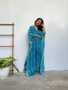 Teal Aqua Blue w/ Off White Tie Dye Kaftan, Caftan For Women, Plus Size Beach Kaftan, Resort Wear, Vacation, Cruise, Pool, Party,Lounge