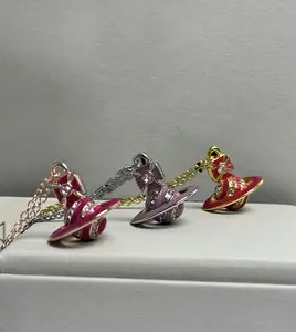 Y2K Style Queen Mother West Small Houndstooth Full Drill 3D Planet Necklace Premium Titanium Alloy Ideal for Daily Wear & Parties Durable Alloy Y2K Fashion Accessory