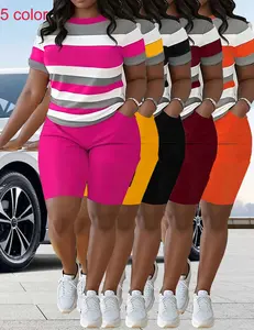 Plus Size Casual Shorts Set Color Block Crew Neck Short Sleeve Top & Solid Color Pocket Shorts Outfits for Spring & Summer 2 Piece Sets for Women Summer Striped Outfits Round Neck Track Suits Sweatsuits Women's Plus Size Clothing