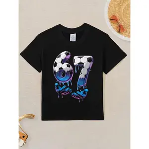 67 Soccer Number Drip Graphic Boys T-Shirt |   Casual Sports Lover Short Sleeve Tee With Crew Neck, Medium Stretch Fabric, All-Season Wear (3-13Y)
