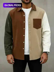 Men's Corduroy Colorblock Collar Classic Fit Menswear Casual Fashion Long Sleeve Fitted Shirt Jacket, Versatile Daily Wear Outerwear for Men Tops, Collared