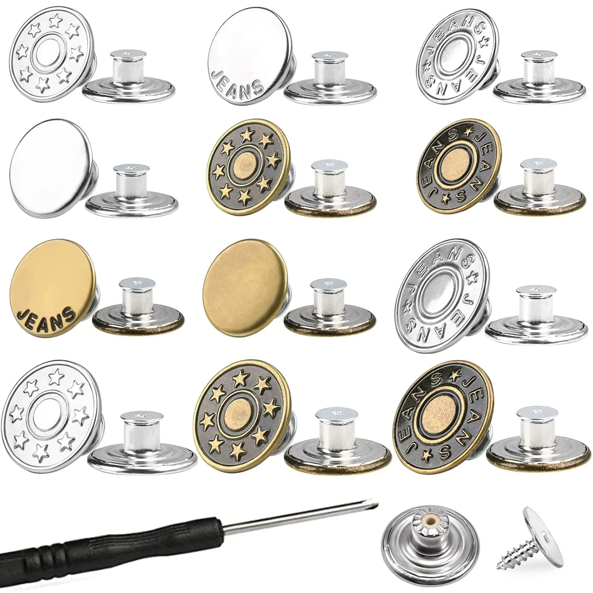 20 Counts Jeans Accessories Kit Buttons and Rivets Multiple Style Choices