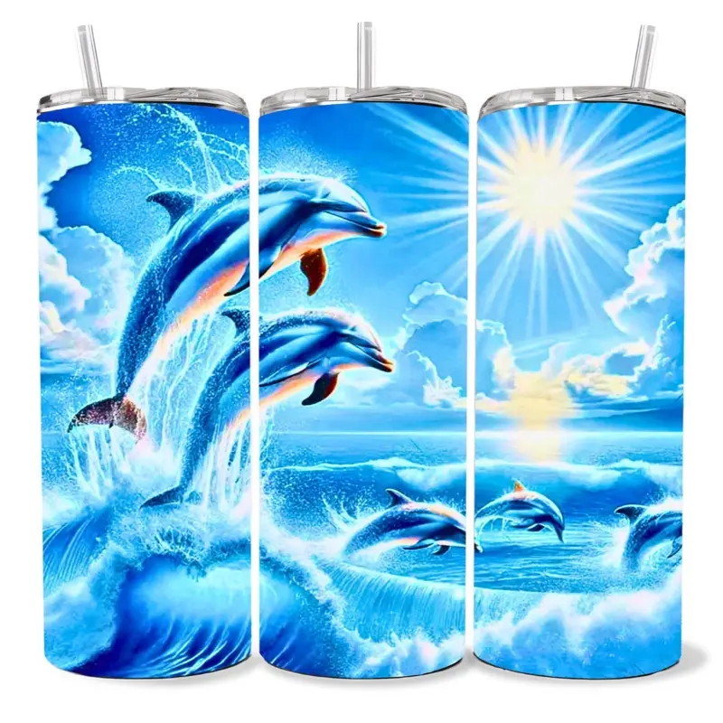 Dolphin 20 oz Tumbler - BPA Free, Stainless Steel, Leak Proof, Clear Lid, Includes Straw