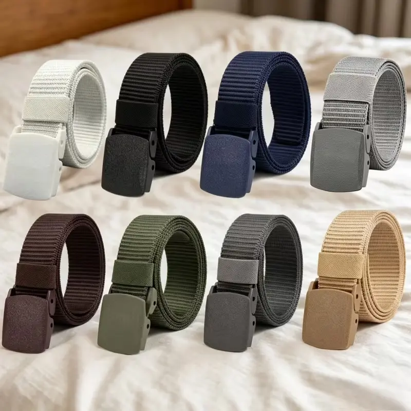 Men's 8 Pcs Mix Heavy Duty Nylon Web Casual Belts with Adjustable Plastic Buckle - Lightweight for Travel, Work, Paintball, Firefighters