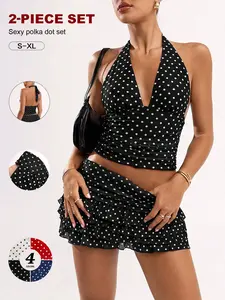 Women’s Retro Polka Dot 2-Piece Matching Set - Halter Neck Backless Crop Top, Layered Ruffle Skirt, Breathable Fabric, Sizes S-XL, Summer Womenswear