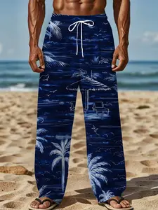Blue and white maple leaf silhouette refreshing simple and casual long pants