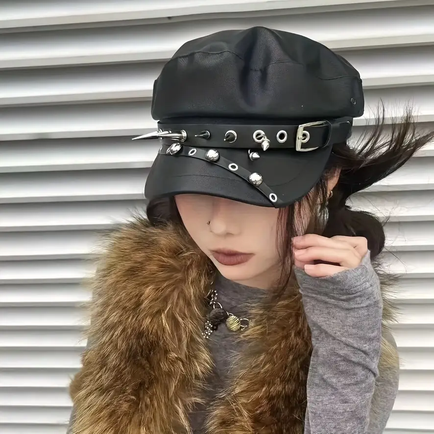 Women's Punk Rock PU Leather Beret Hat with Rivet Details - Stylish Metallic Finish, Lightweight & Adjustable for Parties, Birthdays, and Edgy Fashion