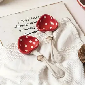 2Pcs Mushroom Design Ceramic Spoon Set, Multifunctional Dessert Soup Condiment Spoon, Durable Kitchen Dining Utensils for Daily Use