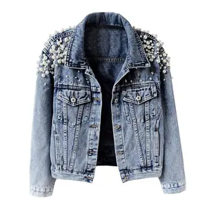 Women’s loose embroidered pearl bead cut denim jacket, denim jacket, collared long-sleeved fitted casual jacket, button-down, blue, elegant and lightweight, oversized pockets, school style GARMENTARY