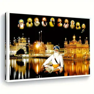Mounted Sikhi Religious Canvas Painting - Amritsar Temple Night View with Babah Dhip Singh, High-Grade Canvas with Vibrant Ink Printing, Classic Art Decorative Wall Painting, Religious Decoration, Home Office Gift, Spiritual Theme, Handcrafted Style
