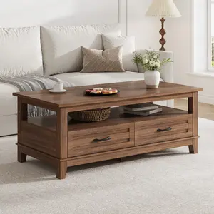 armhouse Coffee Table with Drawers, 47.2" Center Rustic Walnut Living Room Table, Rectangle Long Cocktail with Open Shelf, 6 Support Legs