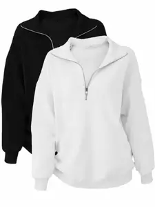 Women's Casual Loose Fit Long Sleeve Pullover Sweatshirts Sweater Set, Womenswear Fall & Winter Plain Round Neck Half Zip Up Top, Everyday Wear