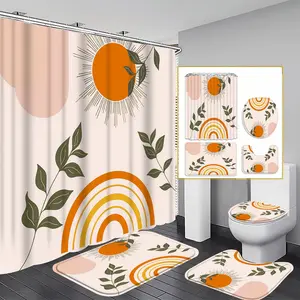 1/3/4PCS Sun Rainbow Leaf Shower Curtain Set, Bathroom Shower Equipment, 71x71 Inches, Includes Background Pattern, Comes with 12 Hooks, 1/3/4pcs Options