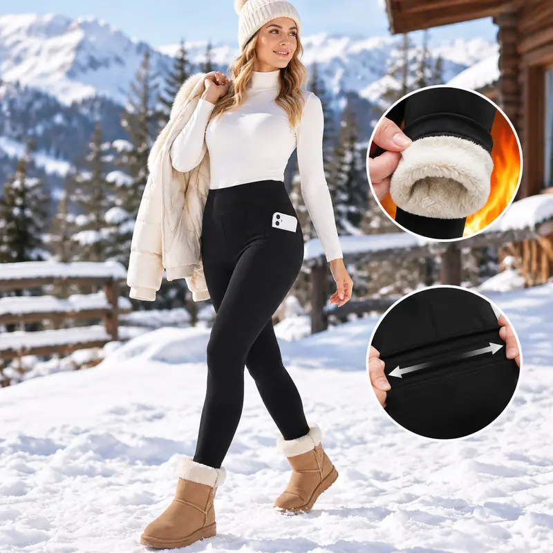 Women's Highly Stretchy Polyester Blend Fleece-Lined Athletic Yoga Pants - Ultra-Soft Winter Casual Loungewear, Plus Size Clothes Warm Outfits