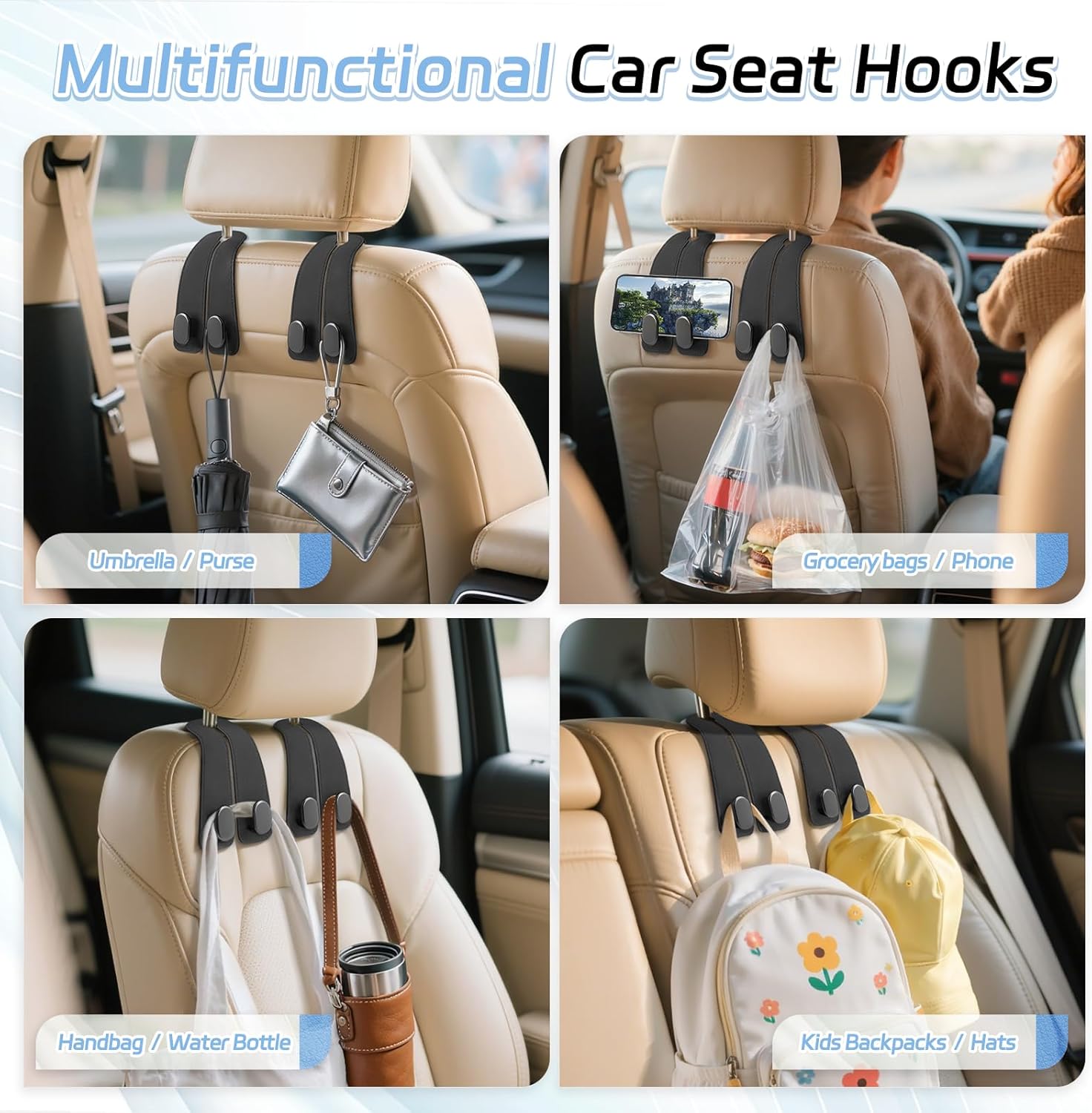 Car Purse Holder Hook, 2PCS Car Hooks for Headrest Car Hangers for Seat Multifunctional Car Bag Hook Car Seat Back Storage Hook Accessories (Grey)																	