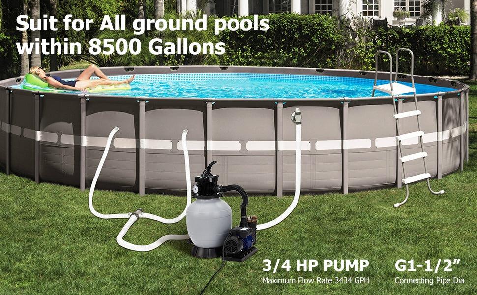 13" High-Efficiency 3/4HP 550W Sand Filter Pump for Above-Ground & Inground Pools, 3434GPH Flow, 6-Way Multi-Port Valve, Strainer Basket, Handles Up to 8500 Gal, Easy Installation