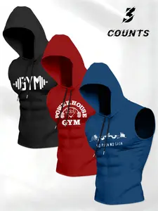 Men's Muscle Fit Sleeveless Gym Tank Top Set, Sporty Print Design, Versatile Slimming Training Daily Wear, 3 Piece Workout Shirt