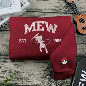 Cartoon Pokemon Characters Embroidered Sweatshirt, Pokemon Mew Matching Emdroidery Sweatshirt, Custom Pokemon GO On Sleeve Sweater, Trendy Unisex Crewneck Sweater For Men And Women, Gifts For Bf Gf, Designer Clothing