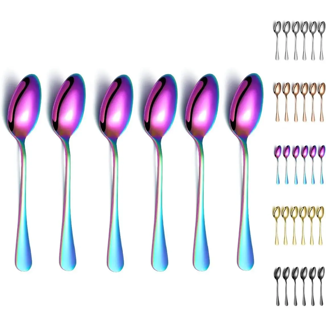 Rainbow Dinner Spoons,  6 count 7.5" Stainless Steel Table Spoon With Titanium Colorful , Rainbow Soup Spoons, Dessert Spoons Sliverware Dishwasher Safe Set of 6