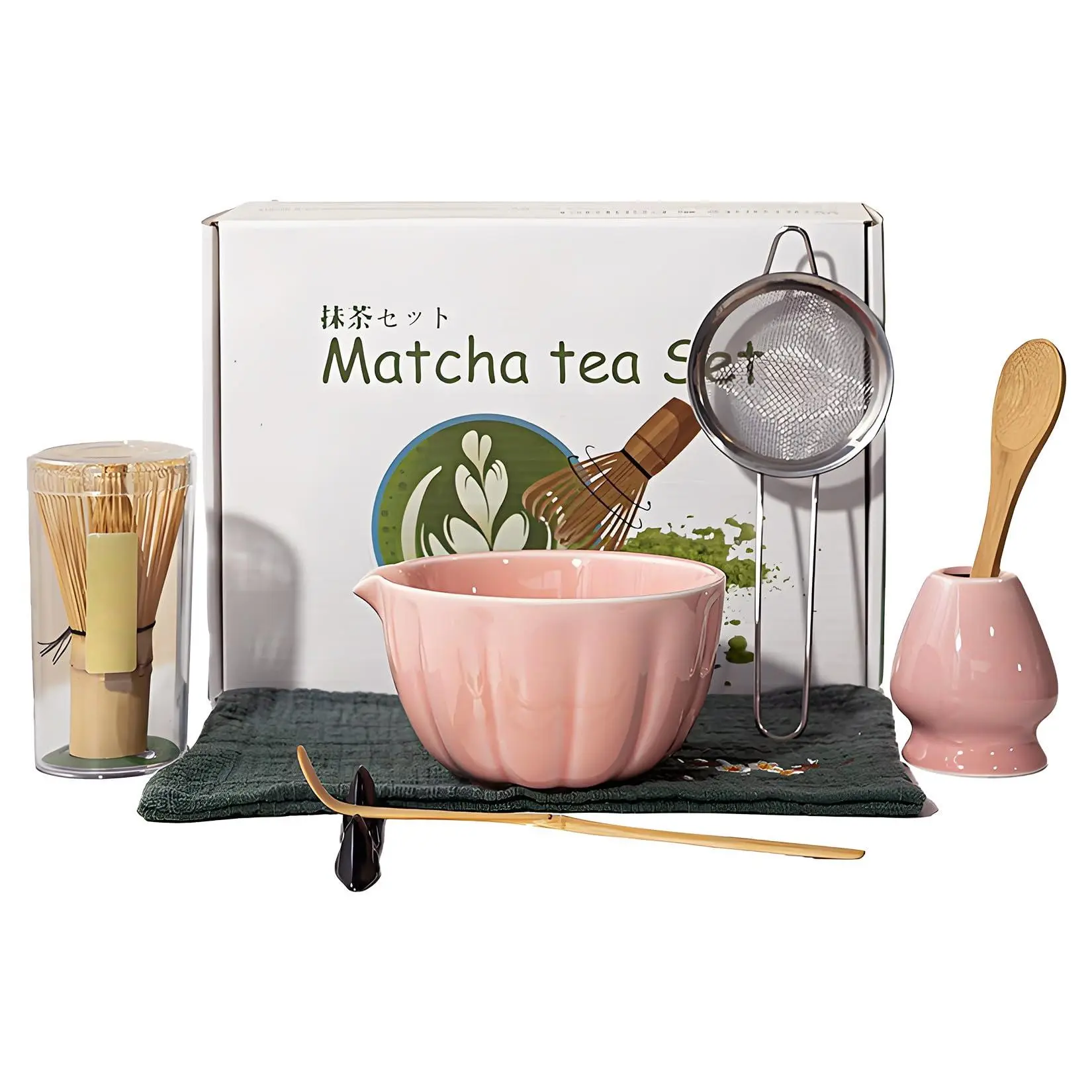 6-Piece Pink Ceramic Matcha Set with Bowl, Bamboo Whisk, Scoop, Sifter, Chasen Holder and Brush