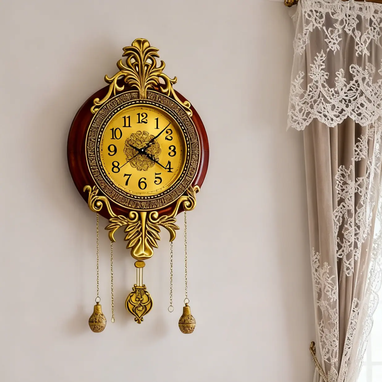 Vintage Retro Round Wooden Wall Clock, Wood-Metal Alloy Build, Quartz Movement Analog Display, 35*74cm/13.8*29in Wall-Mount Decor for Home-Office Use (Battery Not Included)