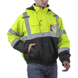 Reflective Jacket for Men, High Visibility Safety Jackets, Hi Vis Waterproof Construction Bomber Jackets with Pockets and Zipper, Black Bottom, Class 3