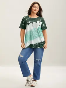 BLOOMCHIC Women's Plus Size Short-Sleeve Spandex Fabric Tie-Dye Round Neck Casual T-Shirt - 1-Piece Comfortable Fit Garment for Ladies M-6X Sizes 2026 Summer Vibes Womenswear Top Swimweek