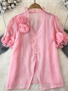 Women's 3D Rose Decor V Neck Shirt, Ruffle Bubble Sleeve Pearl Button Top, Loose-Fitting Feminine Floral Chiffon Blouse