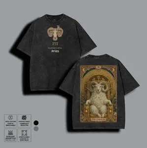 Aries The Empress Tarot Card Washed Tee, Vintage 777 Angel Number Graphic T-shirt, Unisex Cotton Loose-fit Top, Gift for Astrology Zodiac Lover Merch