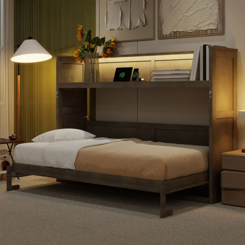 Twin XL Size Murphy Bed Cabinet Bed with Desk and USB Charging Station, Foldable Platform Bed Frame with Storage, Gray Wash