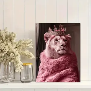 2D One Piece Frame Canvas Art Print - Pink Lion Queen with Crown and Plush Decoration Simple Wall Decoration Suitable for Bedroom, Living Room Perfect Room Decoration