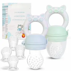 Baby Fruit Feeder Pacifier - BPA-Free Silicone Baby Food Feeder for Self-Feeding - Teething Relief - 4+ Months, 6 Silicone Nipples - 2 Pack Fresh Fruit Pacifier Frozen Teether - Blue & Green